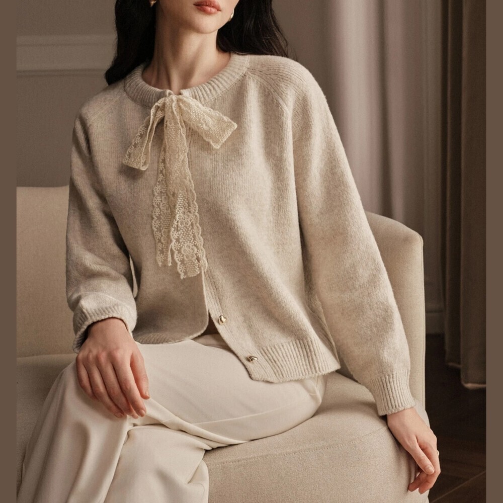 Cream Knit Lace Bow Tie Neck Button Front Short Cardigan